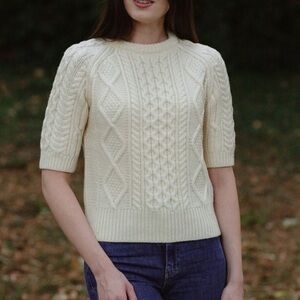 Saol Cream Cable Knit Merino Wool Short Sleeve Sweater, size lg